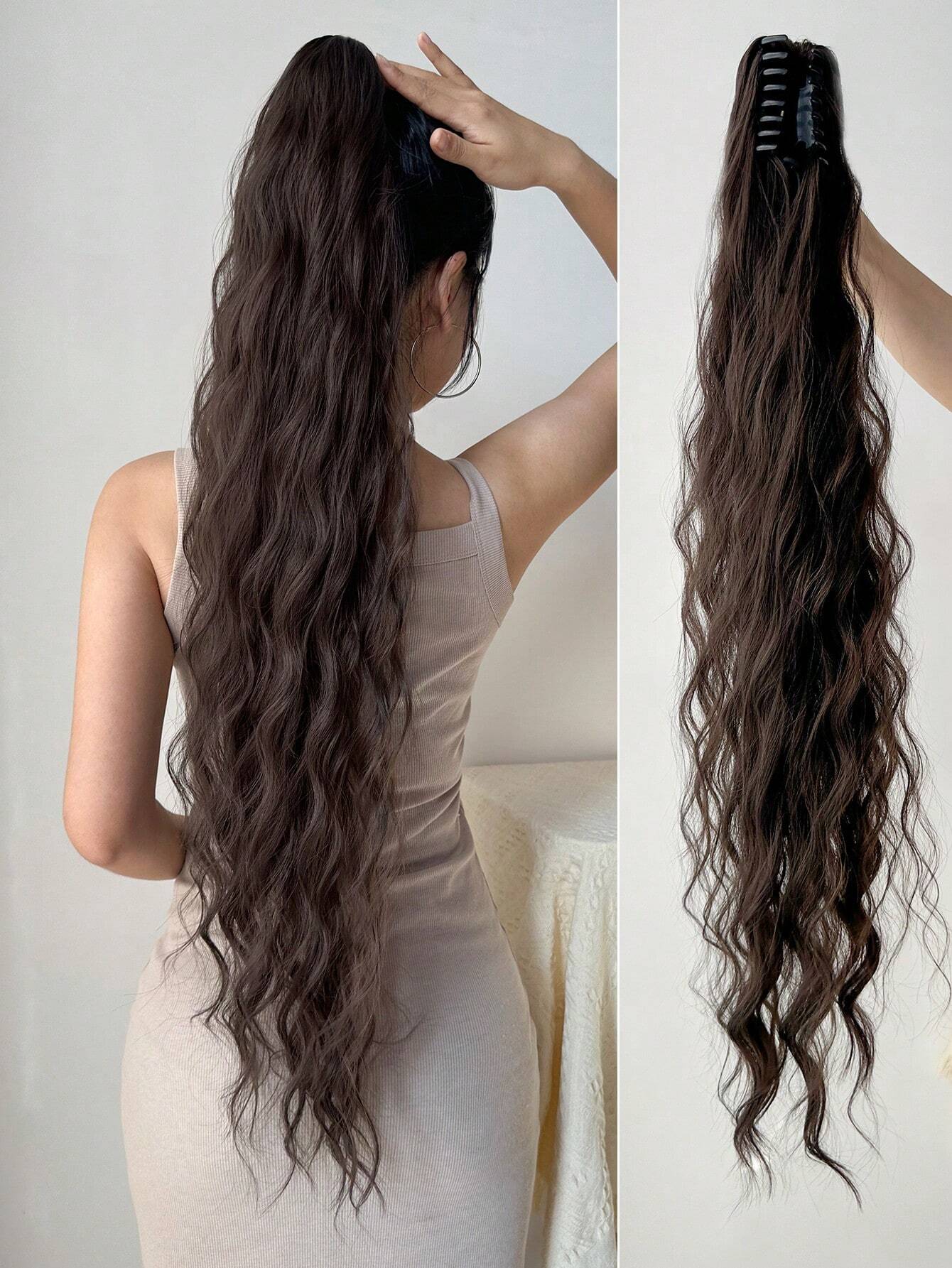 Claw Ponytail Extension 32 Inch Dark Brown Water Wave Wavy Curly Clip In Hair Extensions Soft