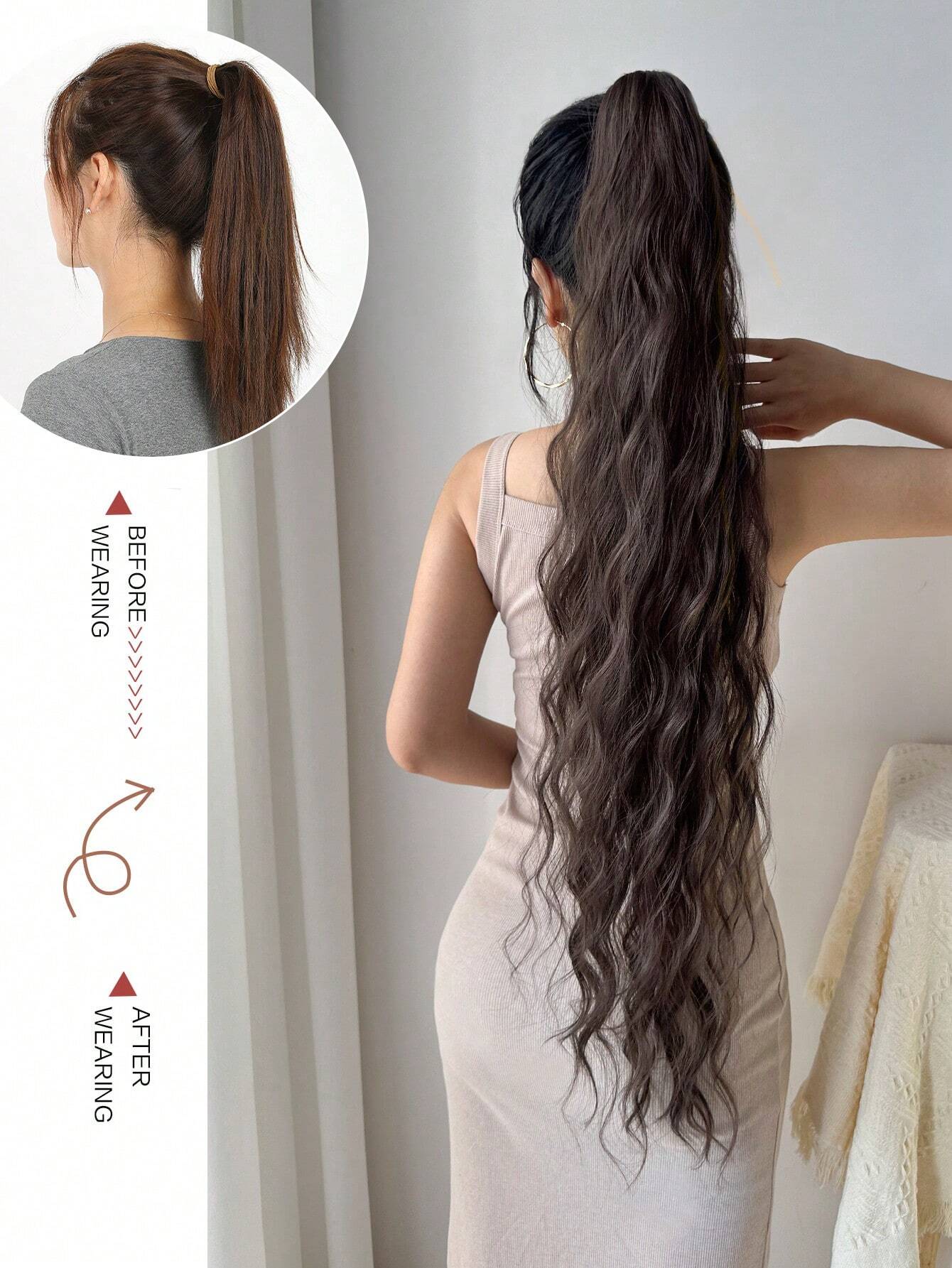 Claw Ponytail Extension 32 Inch Dark Brown Water Wave Wavy Curly Clip In Hair Extensions Soft - Image 2