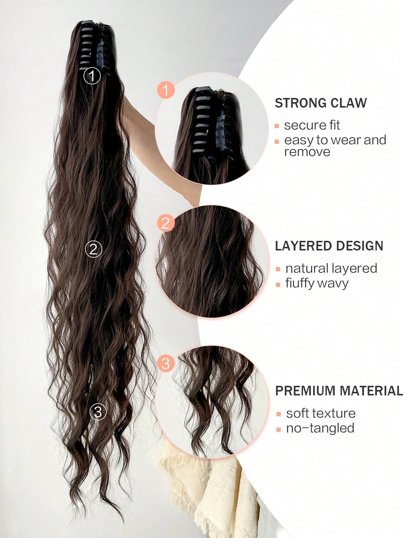 Claw Ponytail Extension 32 Inch Dark Brown Water Wave Wavy Curly Clip In Hair Extensions Soft - Image 3