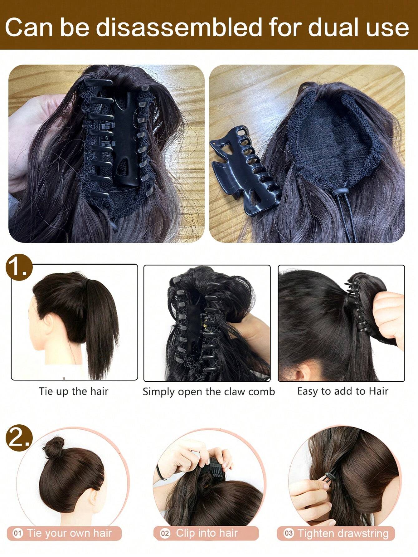 Claw Ponytail Extension 32 Inch Dark Brown Water Wave Wavy Curly Clip In Hair Extensions Soft - Image 4