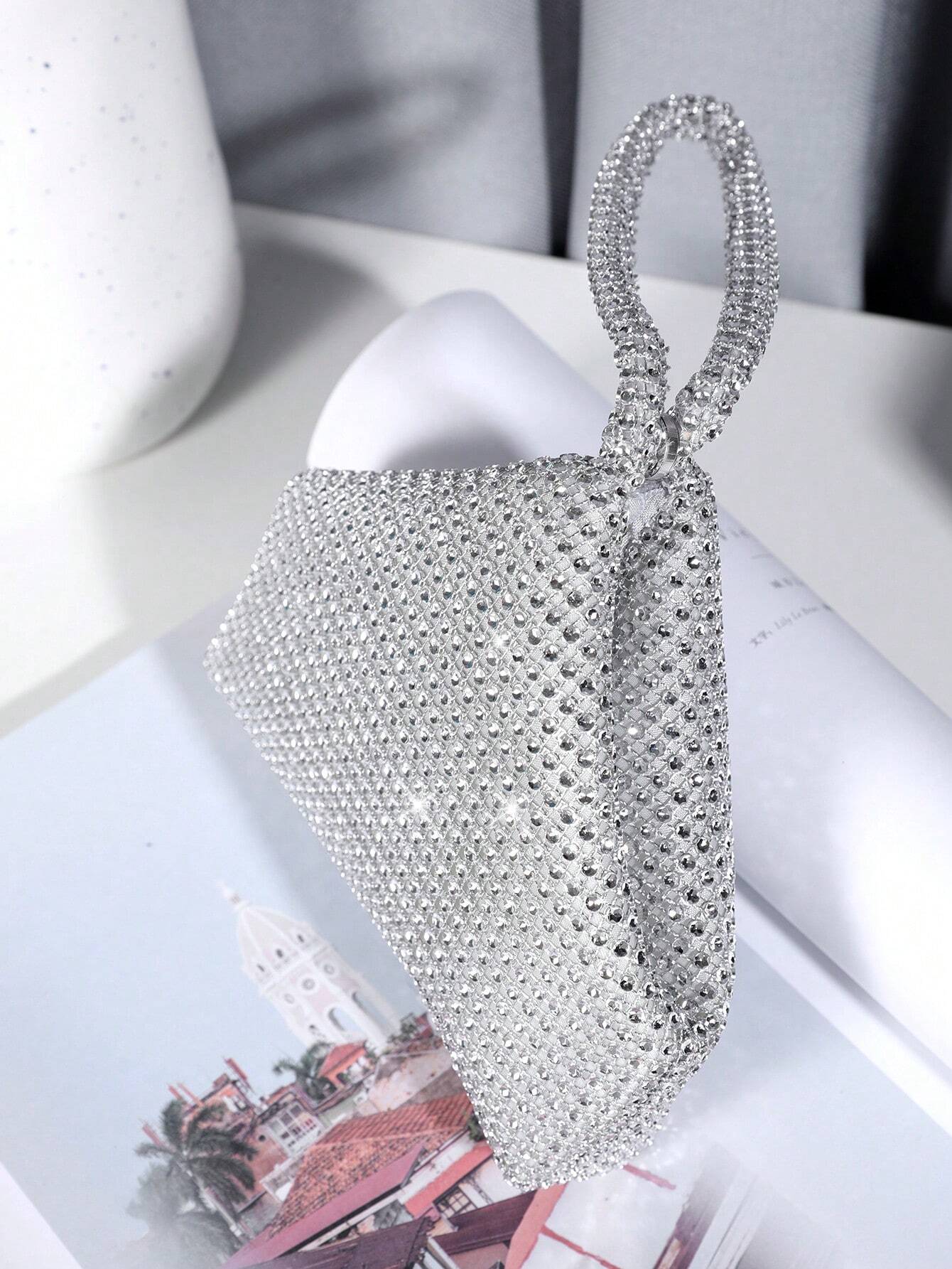 Glitter Bling, Sequin, Luxury, Shiny Rhinestone Decor Novelty Bag Glamorous For Prom Portable Silver - Image 3