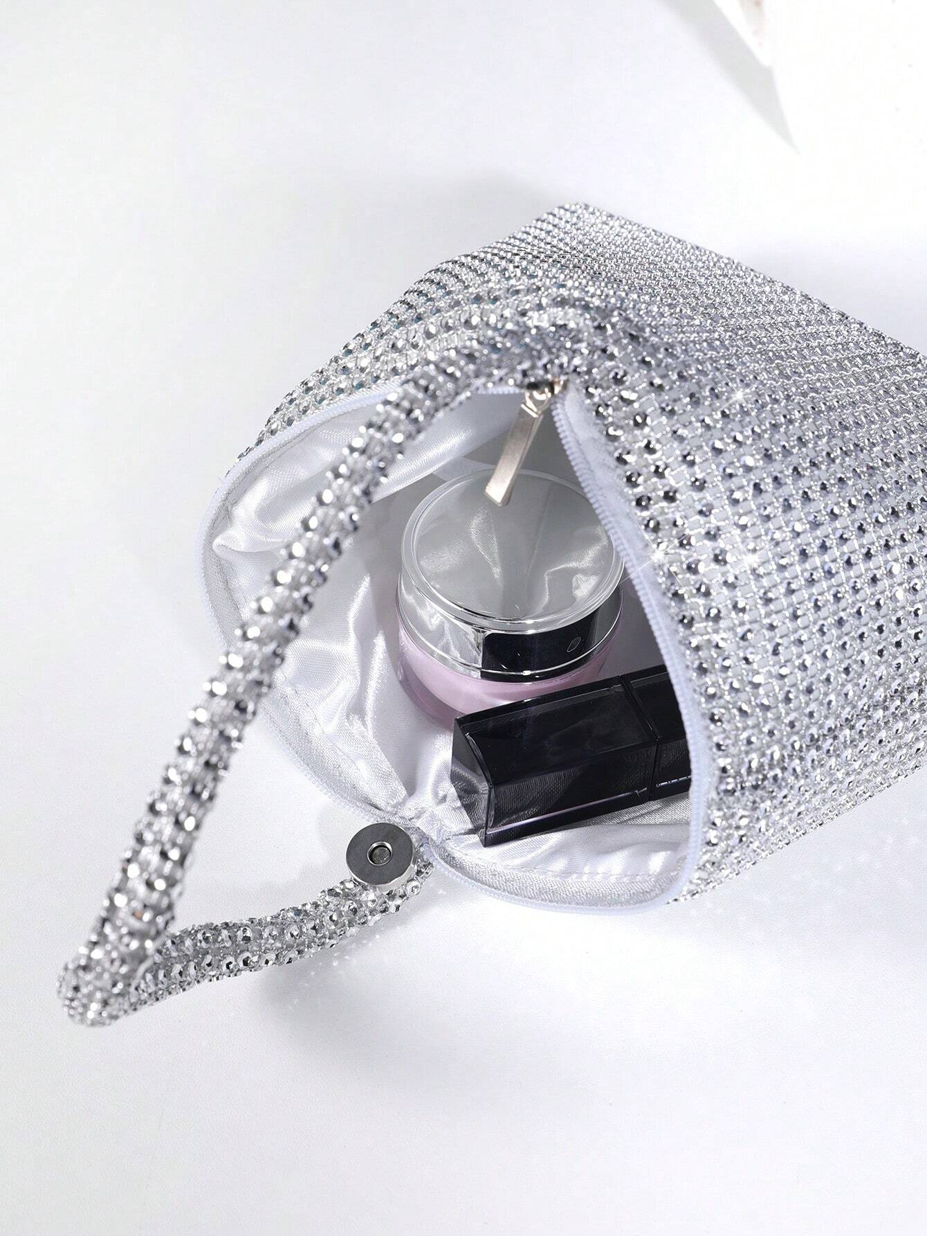 Glitter Bling, Sequin, Luxury, Shiny Rhinestone Decor Novelty Bag Glamorous For Prom Portable Silver - Image 4