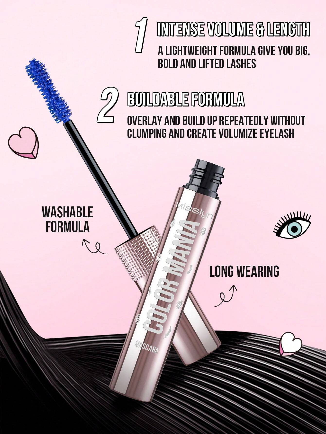 MissIyn Color Mania Mascara, Smudge Proof, Dramatic Volume, Long-Wearing, Volumizing Effect - Image 3
