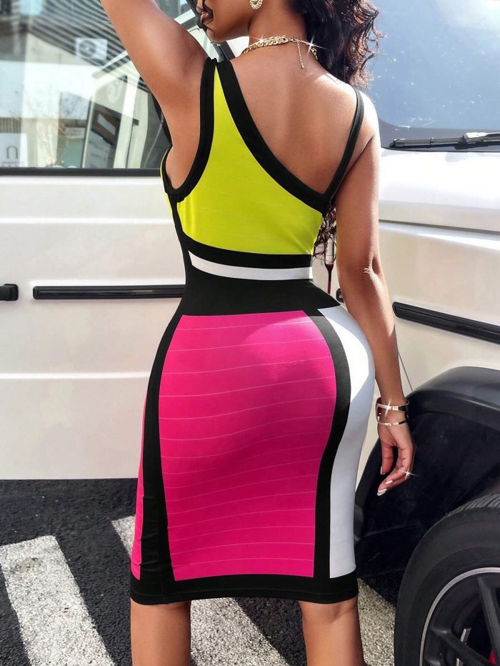 SHEIN Slayr Color Blocking Irregular Shoulder Printed Bodycon Dress - Image 2