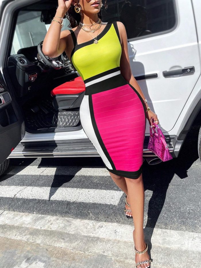 SHEIN Slayr Color Blocking Irregular Shoulder Printed Bodycon Dress - Image 3
