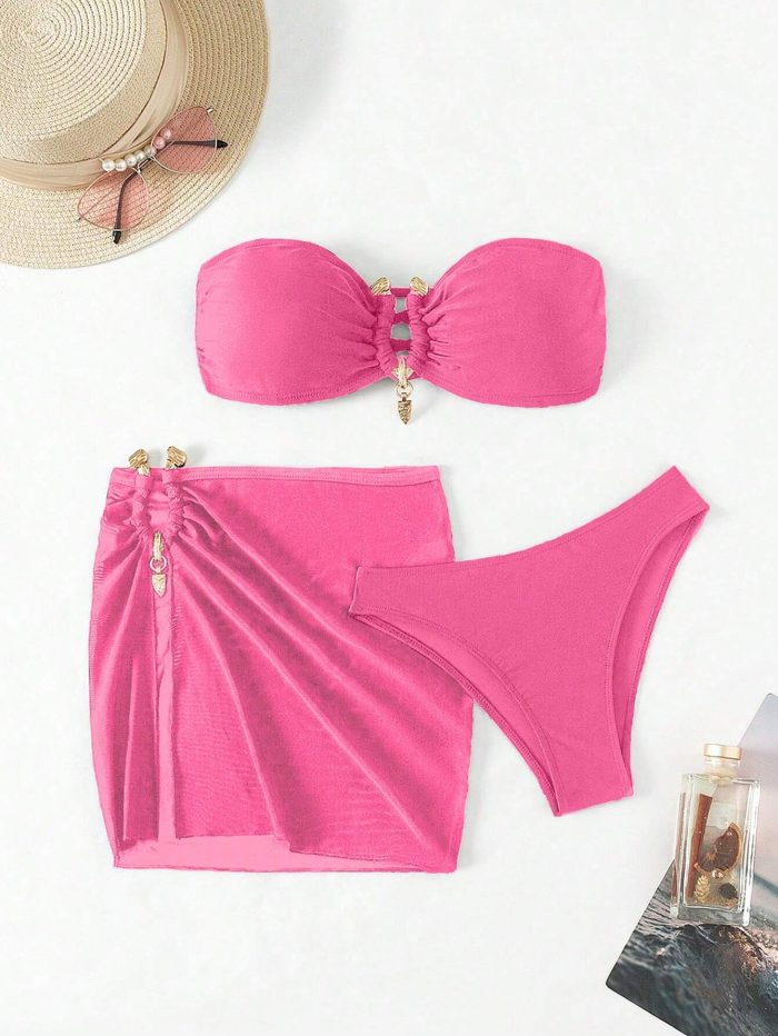 SHEIN Swim Vcay Summer Beach Ladies Solid Color Bandeau Bikini Set For Beach Vacation, Comes With Cover Up Skirt - Image 4