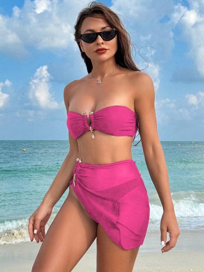 SHEIN Swim Vcay Summer Beach Ladies Solid Color Bandeau Bikini Set For Beach Vacation, Comes With Cover Up Skirt - Image 5