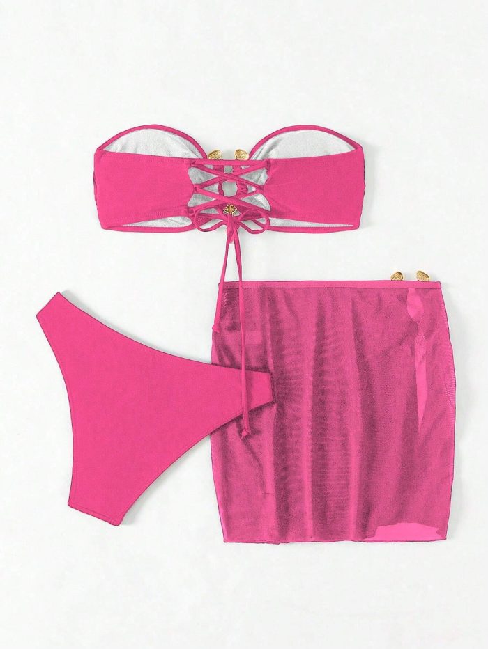 SHEIN Swim Vcay Summer Beach Ladies Solid Color Bandeau Bikini Set For Beach Vacation, Comes With Cover Up Skirt - Image 6