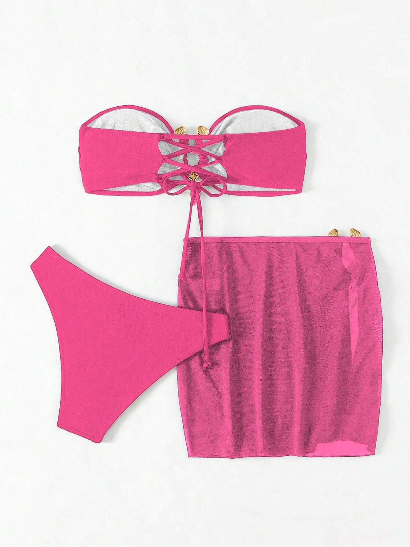 SHEIN Swim Vcay Summer Beach Ladies Solid Color Bandeau Bikini Set For Beach Vacation, Comes With Cover Up Skirt - Image 6