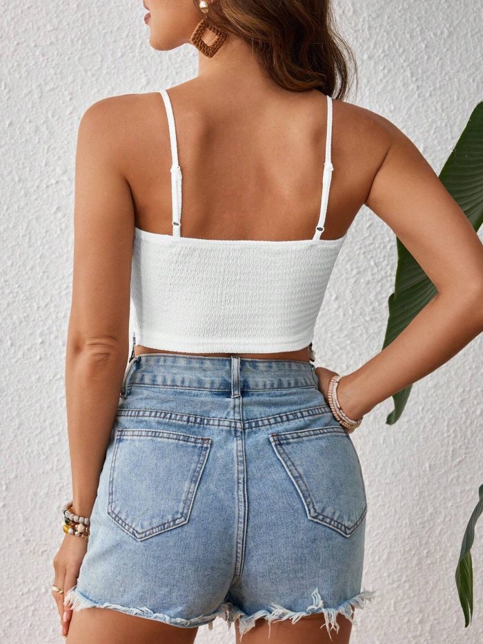 SHEIN VCAY Solid Bubble Texture Irregular Hem Fringe Cami Crop Summer Tank Top - Image 2
