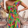 SHEIN VCAY Women Elegant Marble Print Splice Ruffle One-Shoulder Short Dress For Vacation
