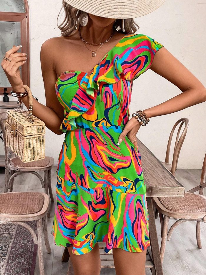 SHEIN VCAY Women Elegant Marble Print Splice Ruffle One-Shoulder Short Dress For Vacation