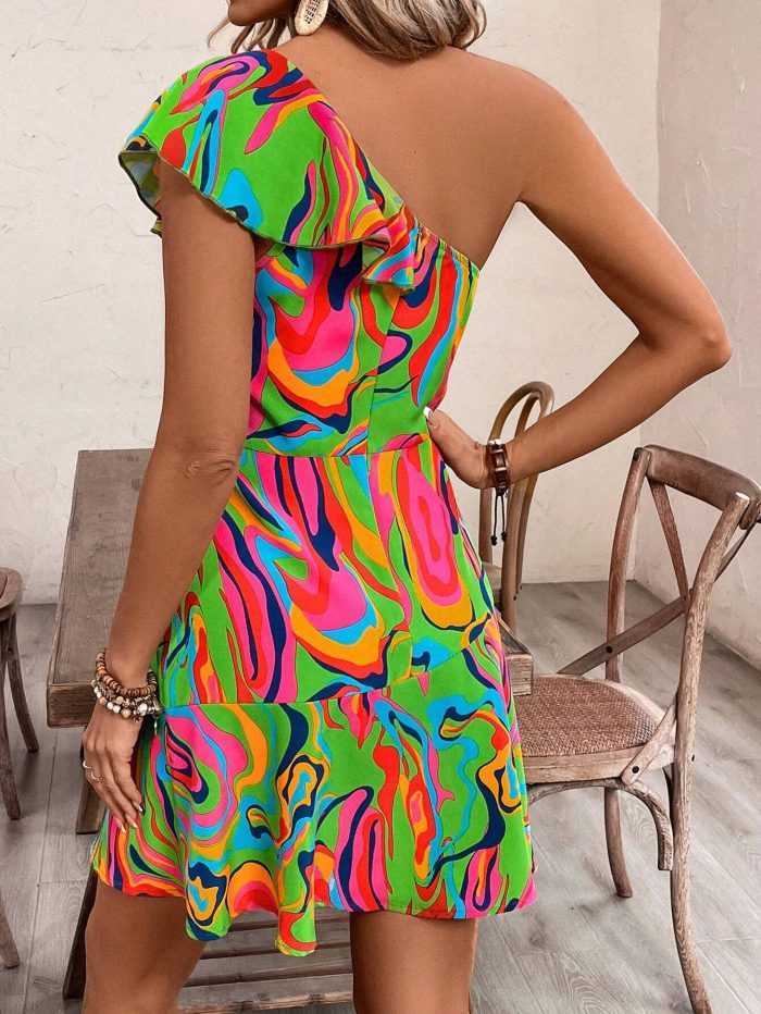 SHEIN VCAY Women Elegant Marble Print Splice Ruffle One-Shoulder Short Dress For Vacation - Image 2