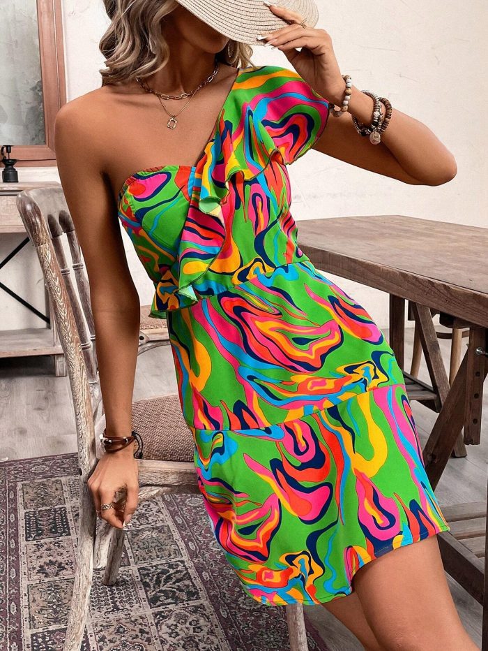 SHEIN VCAY Women Elegant Marble Print Splice Ruffle One-Shoulder Short Dress For Vacation - Image 3