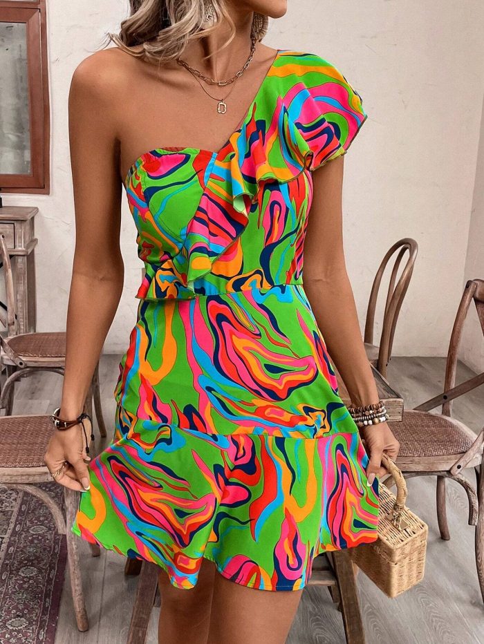 SHEIN VCAY Women Elegant Marble Print Splice Ruffle One-Shoulder Short Dress For Vacation - Image 4