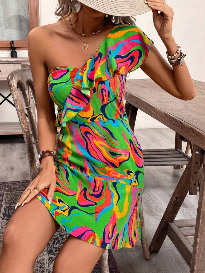 SHEIN VCAY Women Elegant Marble Print Splice Ruffle One-Shoulder Short Dress For Vacation - Image 5