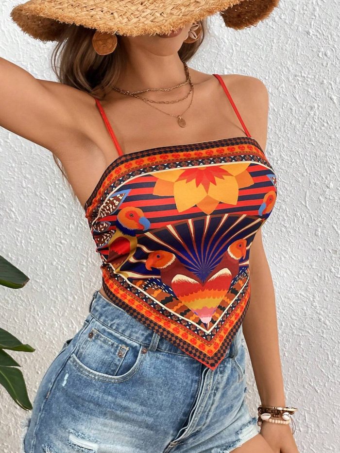 SHEIN VCAY Women's Vacation Style Striped & Floral Asymmetrical Hem Sleeveless Cami Top - Image 3