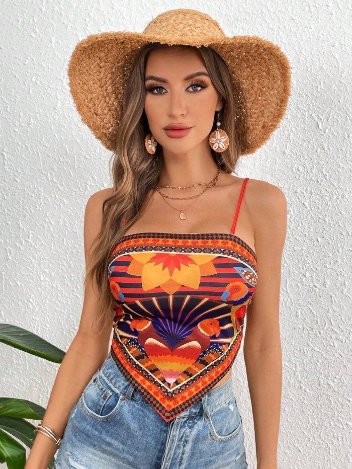 SHEIN VCAY Women's Vacation Style Striped & Floral Asymmetrical Hem Sleeveless Cami Top - Image 4