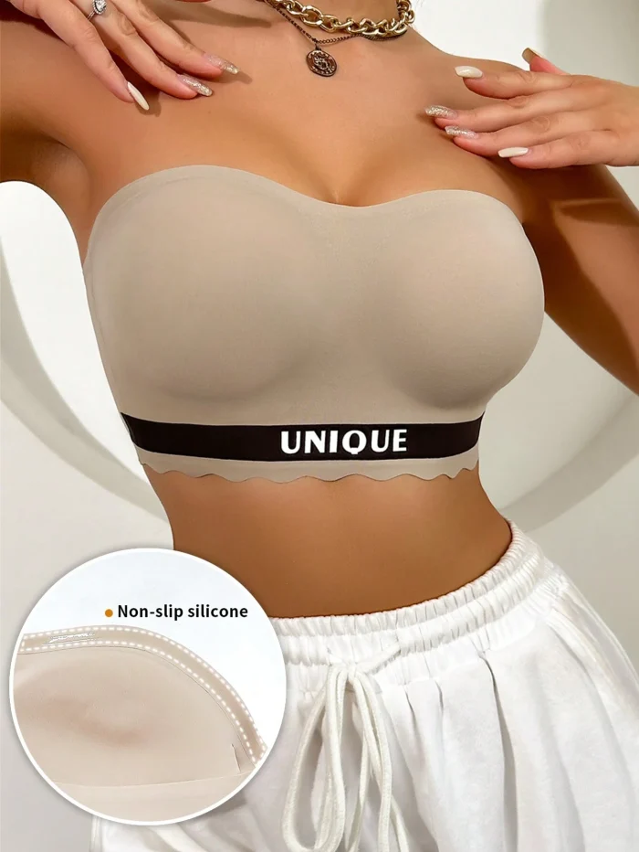 Strapless, Seamless, Anti-Slip, Letter Weave Bandeau Bra, One Piece