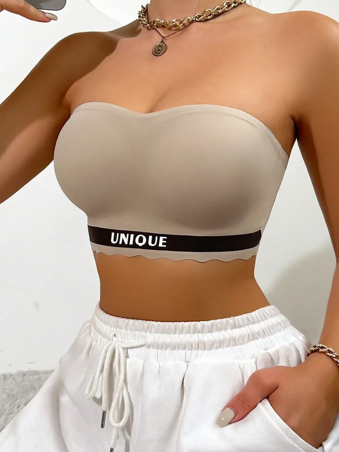 Strapless, Seamless, Anti-Slip, Letter Weave Bandeau Bra, One Piece - Image 4