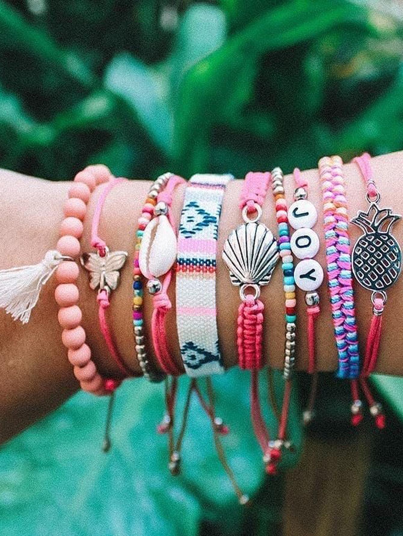 10pcs/Set Bohemian Beaded Braided Bracelet With Seashell And Butterfly Decorations