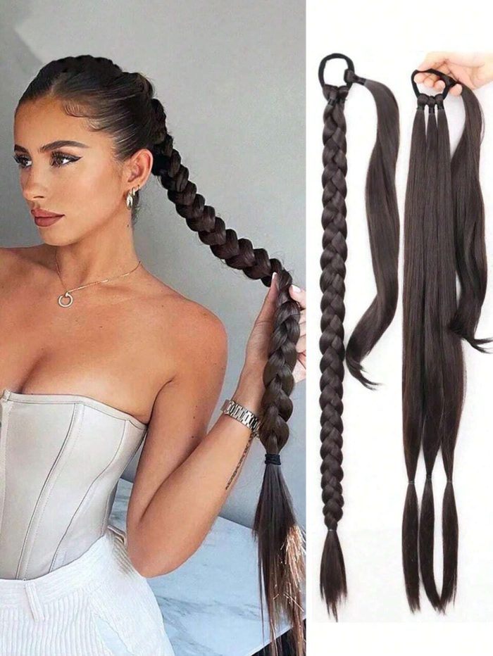 1 Pc Long Braided Ponytail Extension With Hair Tie Straight Wrap Around Hair Black Brown/32 inch