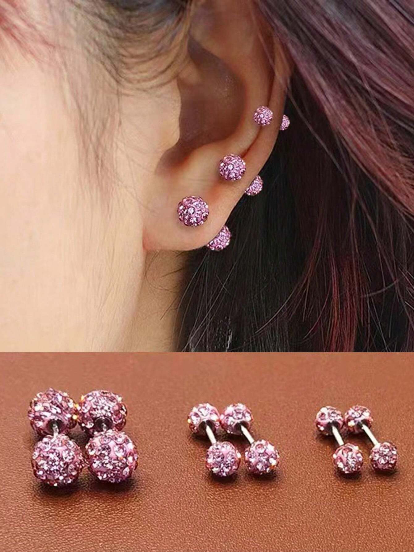 3 Pairs Cute Purple CZ Full Zirconia Inlay Stud Earrings For Women, Girls Sparkling Ball Soft Ceramic Dainty Earrings For Cartilage Helix Tragus Piercing 3/4/6mm