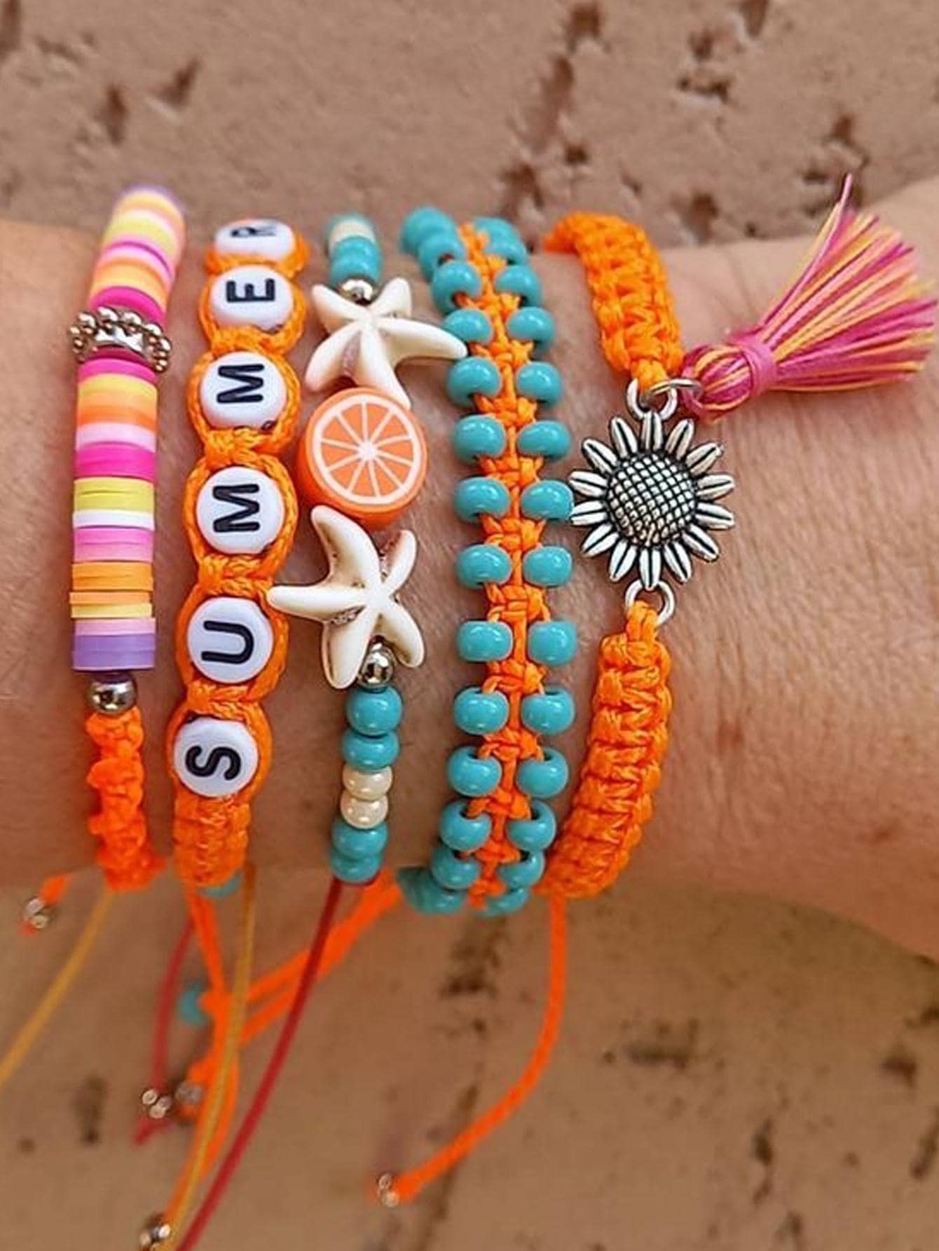 5pcs/set Bohemian Hand Letter Starfish Beaded Decorative Bracelet Set For Women