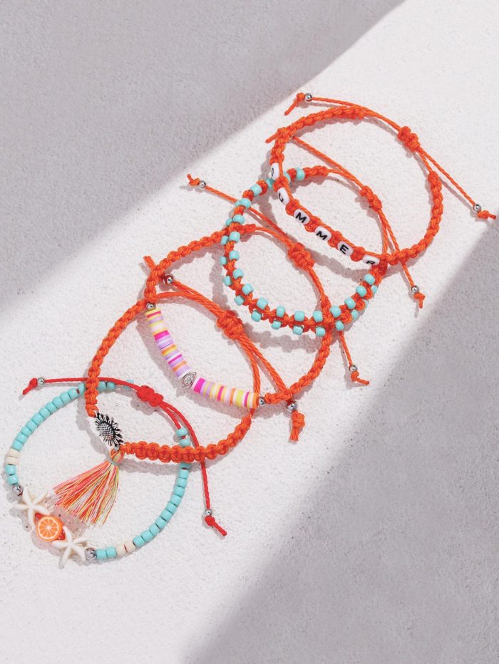 5pcs/set Bohemian Hand Letter Starfish Beaded Decorative Bracelet Set For Women - Image 4