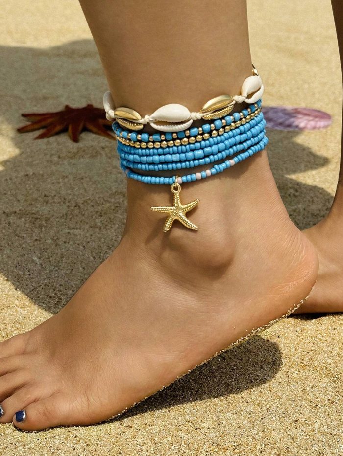 7pcs Bohemian Style Alloy Beaded Weave Shell Rope Anklet Set For Women - Image 2