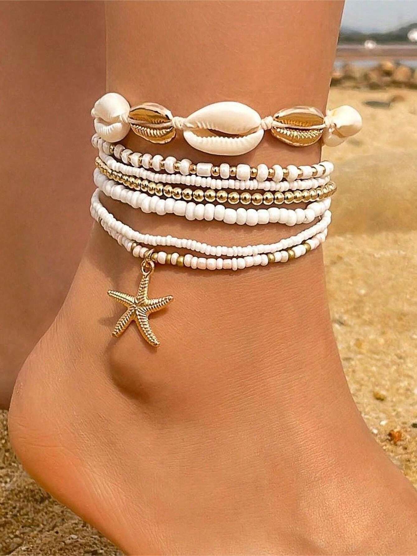 7pcs Bohemian Style Beachy Sea Star, Shell And Rice Bead Elastic Anklet Set, Summer - Image 2