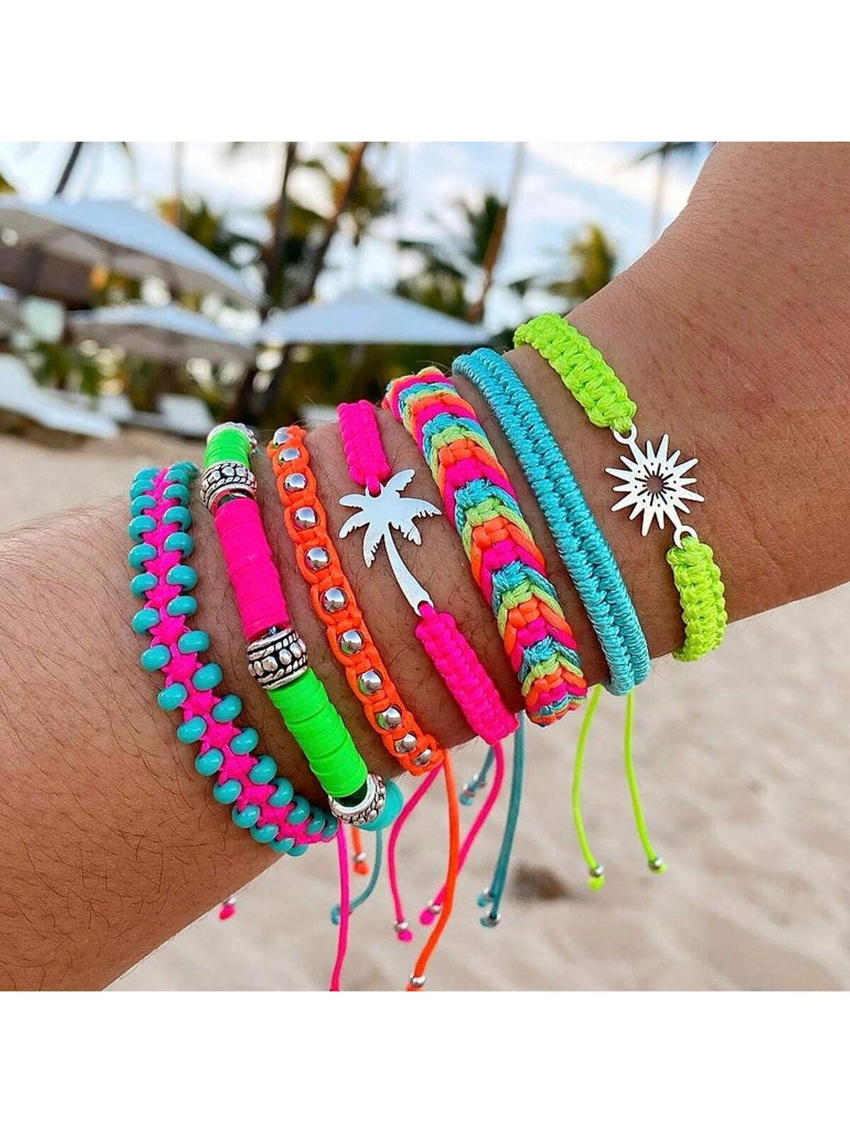 7pcs Hawaiian Style Beach Vacation Bracelet Set, Adjustable Women Bracelets With Colorful Artificial Woven