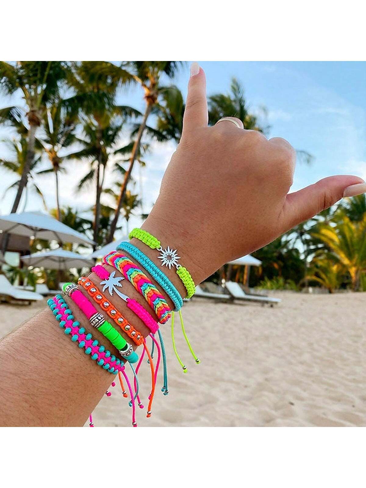 7pcs Hawaiian Style Beach Vacation Bracelet Set, Adjustable Women Bracelets With Colorful Artificial Woven - Image 2