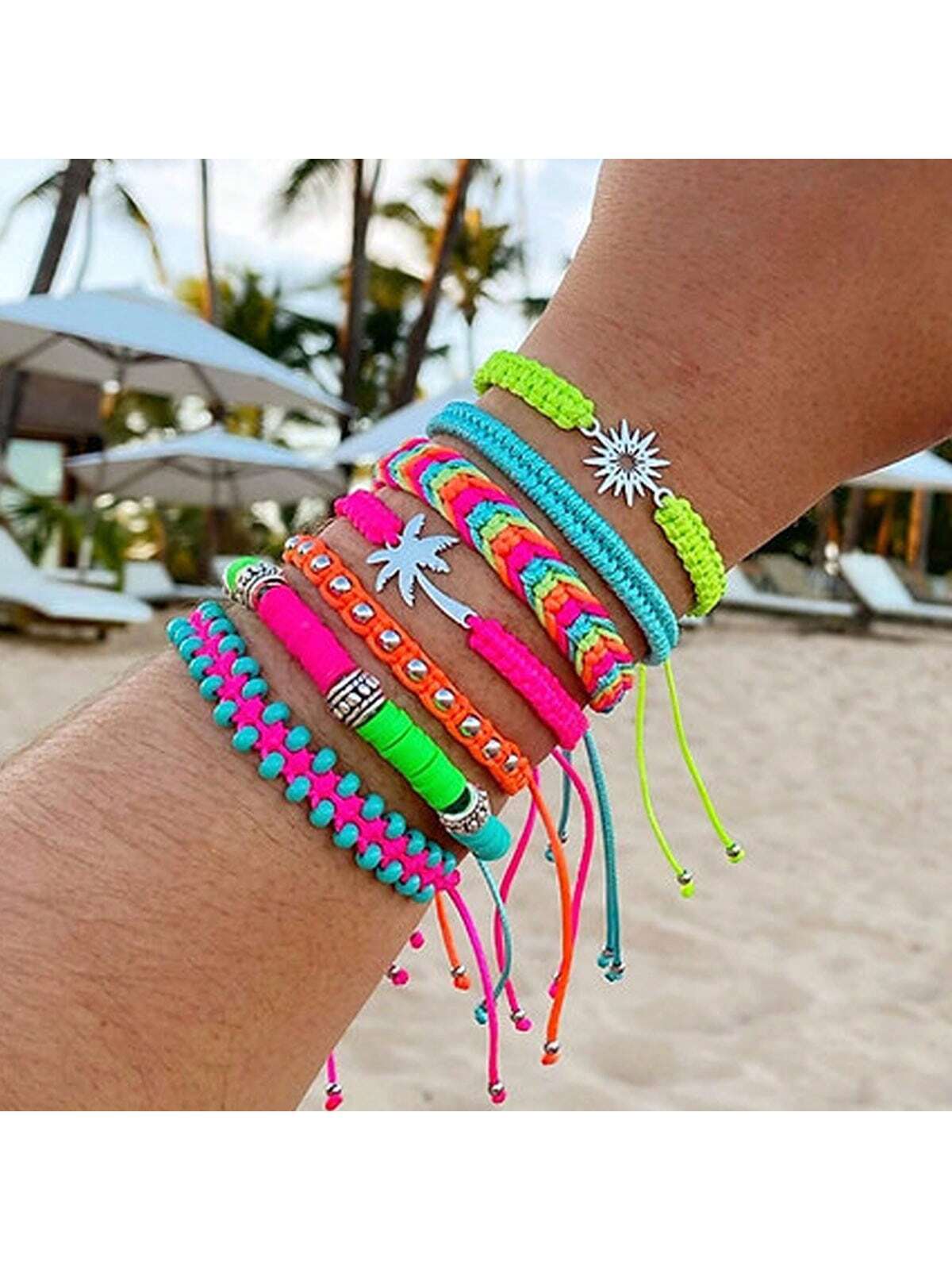 7pcs Hawaiian Style Beach Vacation Bracelet Set, Adjustable Women Bracelets With Colorful Artificial Woven - Image 3