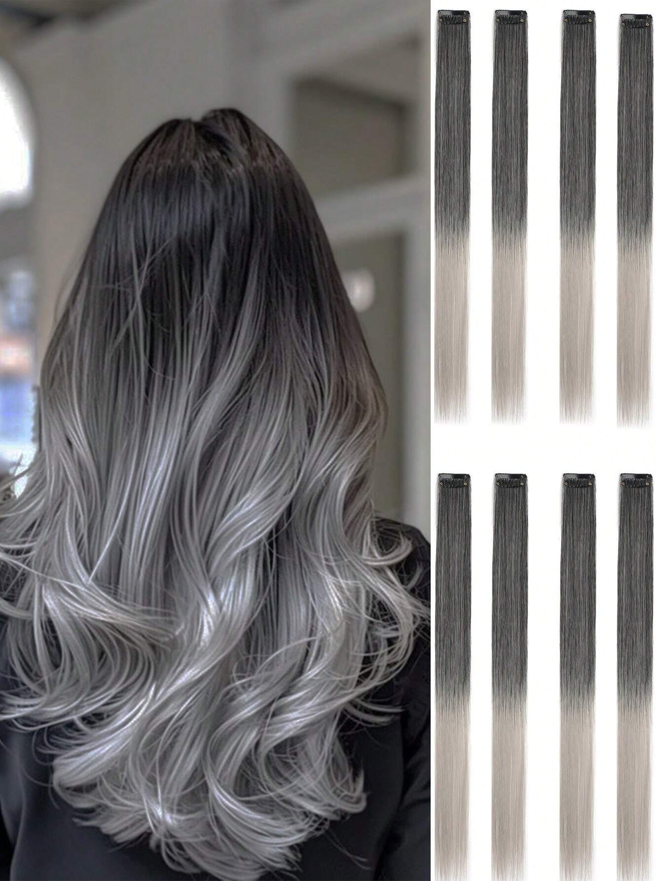 8pcs/Pack Colored Party Highlights Clip In Hair Extensions For Girls Gray Ombre/22 inch