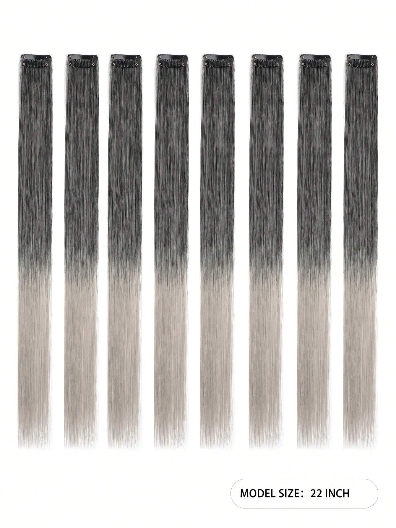 8pcs/Pack Colored Party Highlights Clip In Hair Extensions For Girls Gray Ombre/22 inch - Image 2