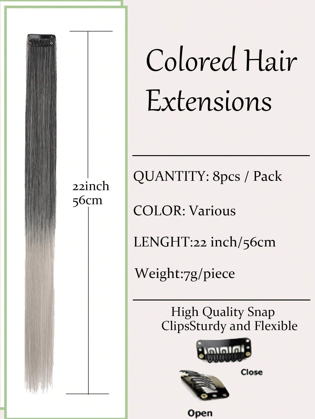 8pcs/Pack Colored Party Highlights Clip In Hair Extensions For Girls Gray Ombre/22 inch - Image 5