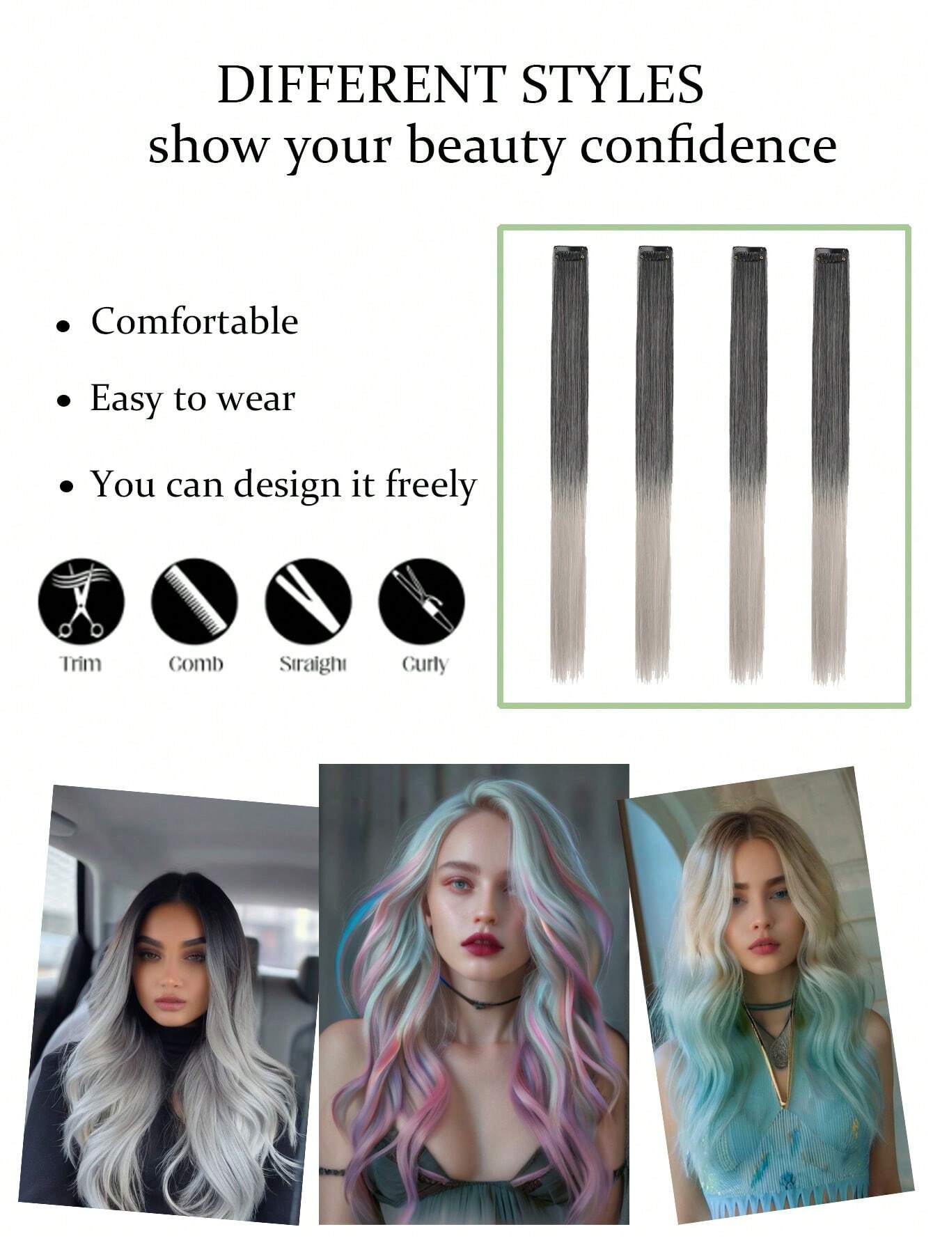 8pcs/Pack Colored Party Highlights Clip In Hair Extensions For Girls Gray Ombre/22 inch - Image 6