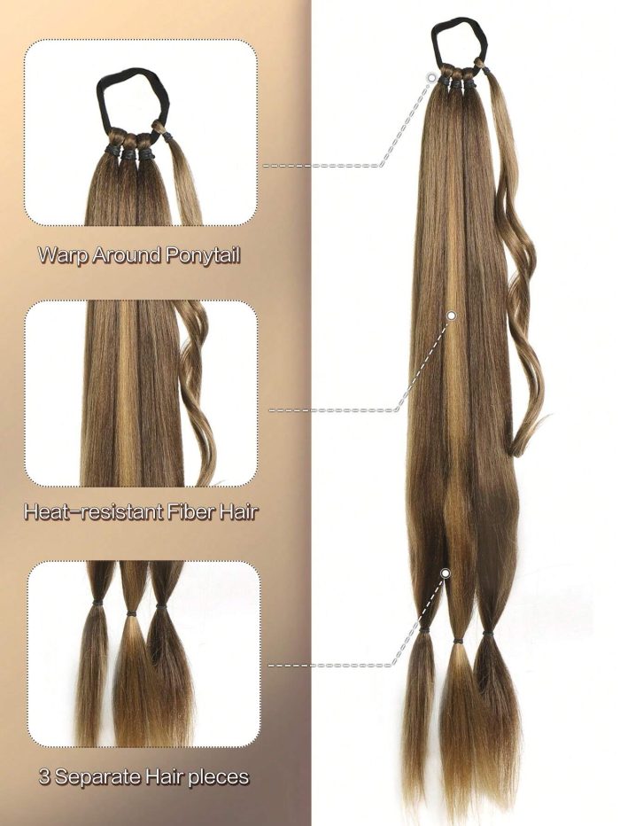 Long Braided Ponytail Extension With Hair Tie Straight Wrap Around Hair Extensions Ponytail Natural Soft Synthetic Hair Piano Color/32 inch - Image 2