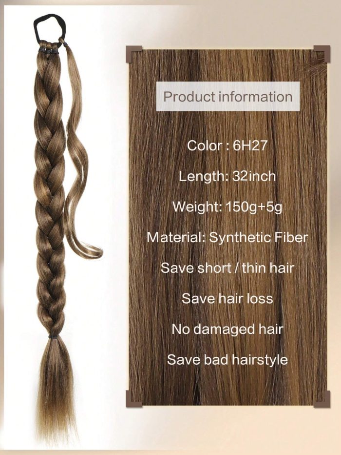 Long Braided Ponytail Extension With Hair Tie Straight Wrap Around Hair Extensions Ponytail Natural Soft Synthetic Hair Piano Color/32 inch - Image 3