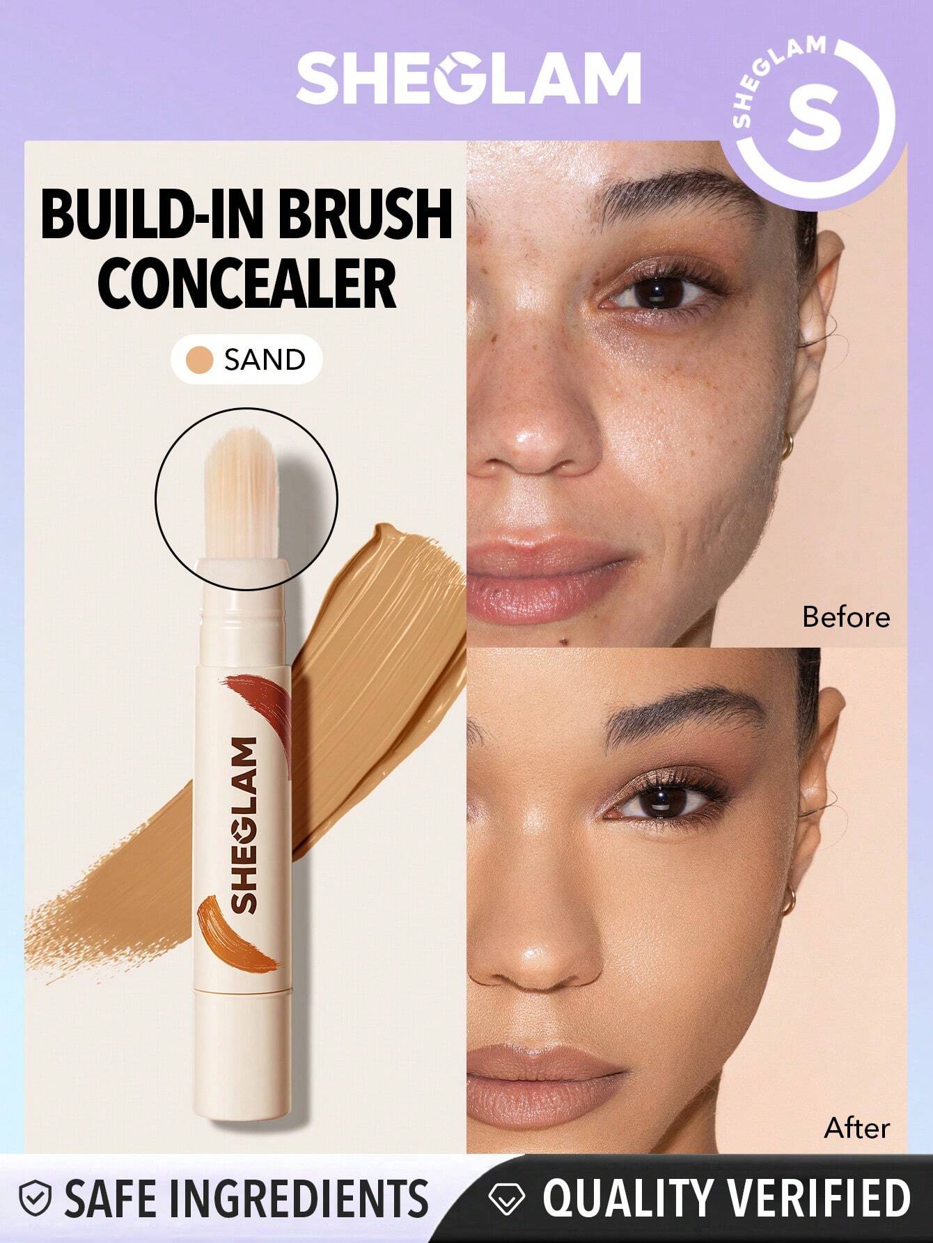 SHEGLAM Perfect Skin High Coverage Concealer-Sand 20 Shades Liquid Concealer Brush Moisturizing Weightless All-Day Hydrate Concealer