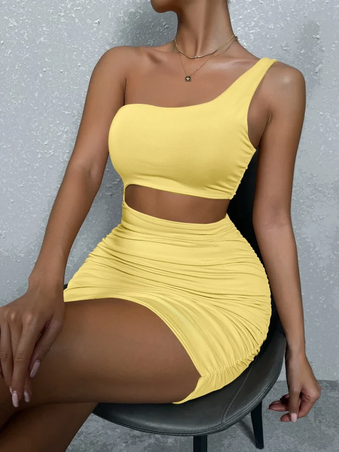 SHEIN Essnce One Shoulder Cut Out Waist Ruched Bodycon Dress - Image 3