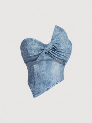 SHEIN MOD Summer Stretchy Knit Denim Print Strapless Crop Top With Bust Ruching Detail