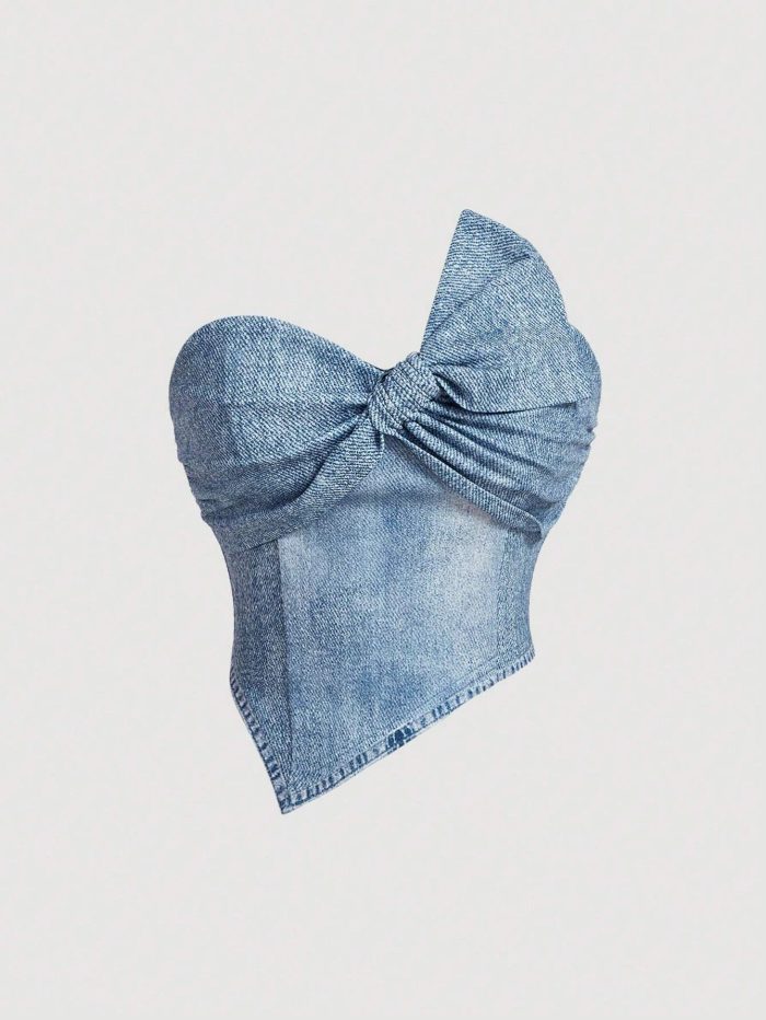 SHEIN MOD Summer Stretchy Knit Denim Print Strapless Crop Top With Bust Ruching Detail