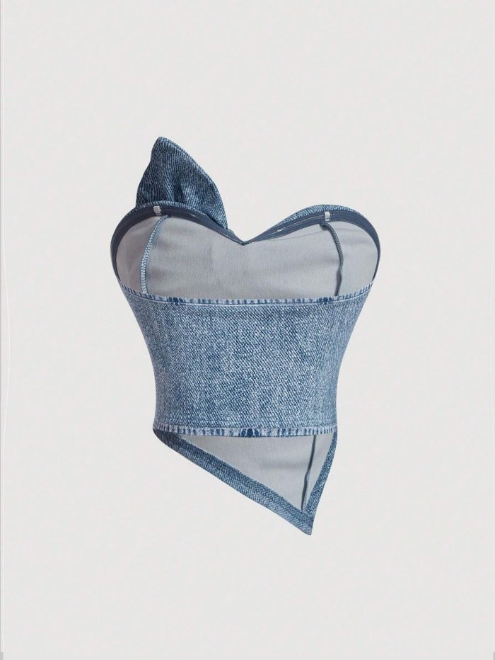 SHEIN MOD Summer Stretchy Knit Denim Print Strapless Crop Top With Bust Ruching Detail - Image 2