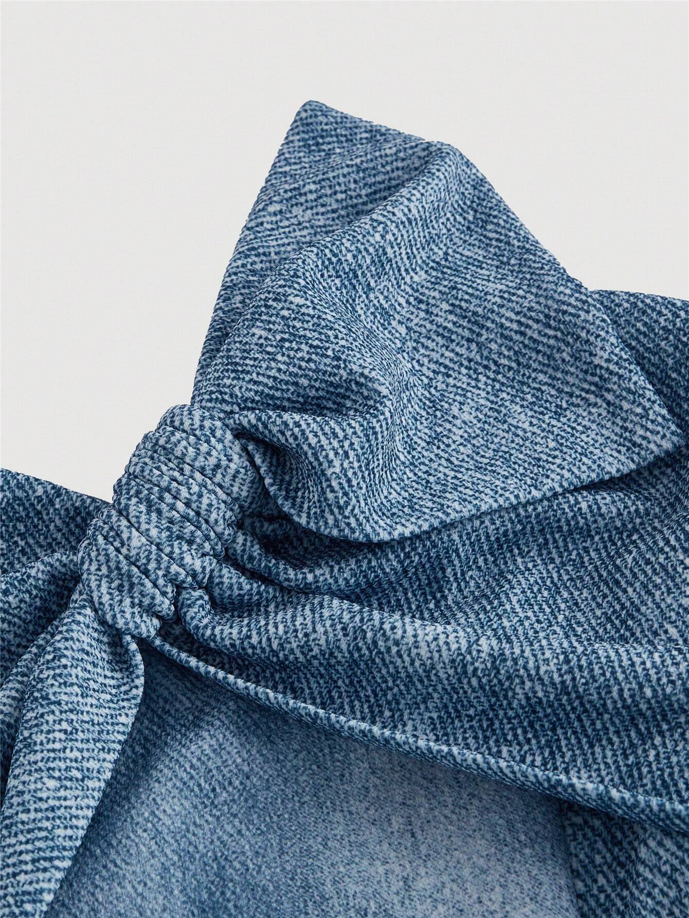 SHEIN MOD Summer Stretchy Knit Denim Print Strapless Crop Top With Bust Ruching Detail - Image 3