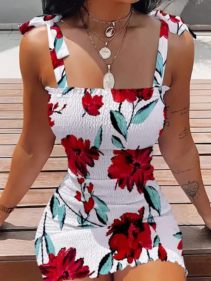 SHEIN Privé Summer Floral Print Slim Fit Spaghetti Strap Dress