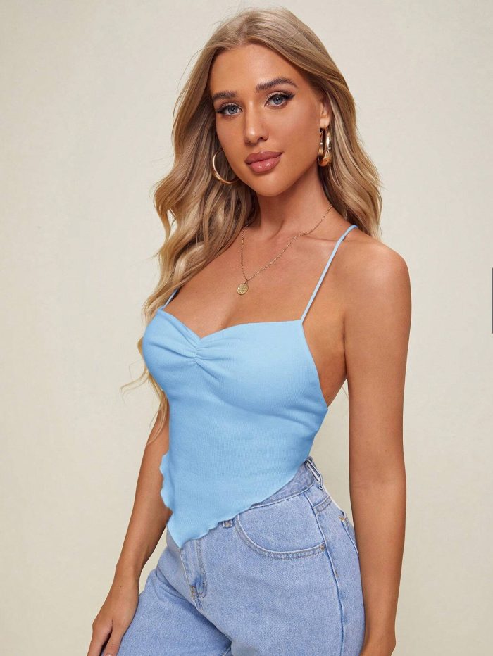 SHEIN Privé Women's Summer Solid Color Pleated Asymmetrical Hem Knitted Camisole Top - Image 4