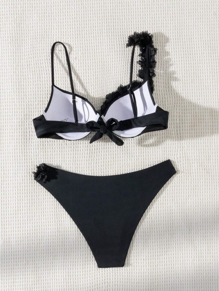 SHEIN Swim SXY Women's Summer Beach Solid Color Splicing 3D Flower Bikini, Push Up, Underwire, Two-Piece Swimsuit Set - Image 2