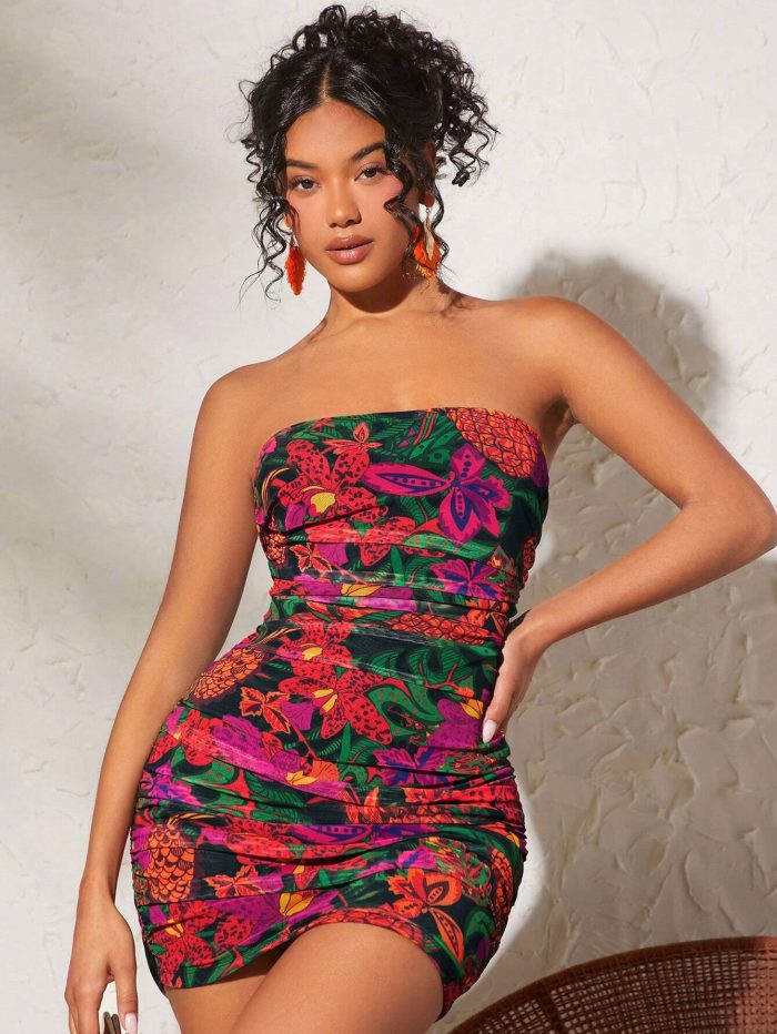 SHEIN TRVLCHIC Vacation Style Strapless Pleated Floral Knit Mesh Dress For Women